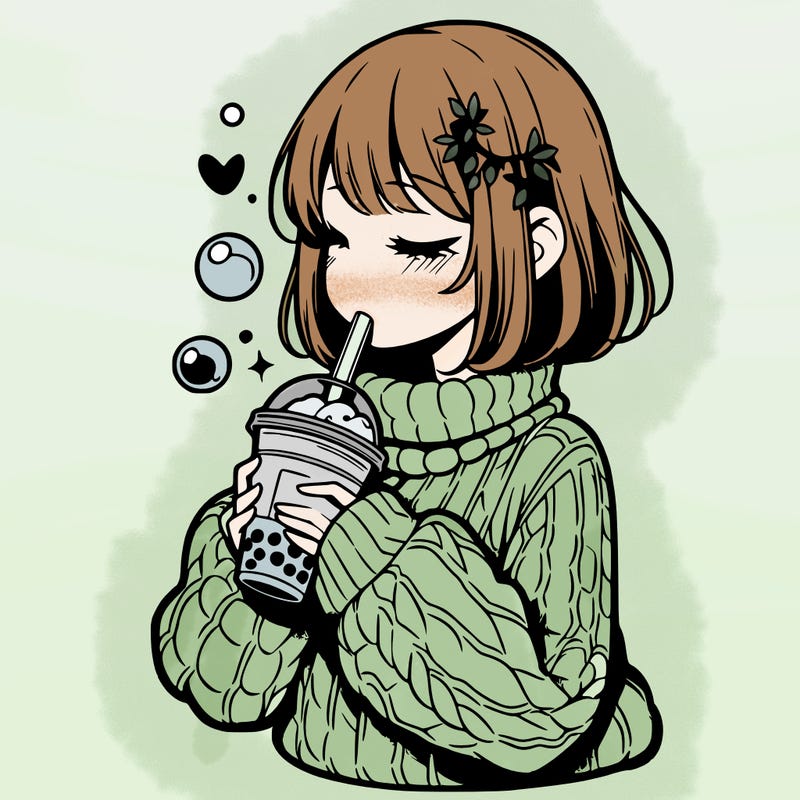 manga girl drinking boba in cozy sweater