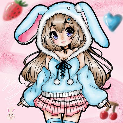 pretty anime girl wearing a fluffy hoodie with bunny ears on the hood and a skirt