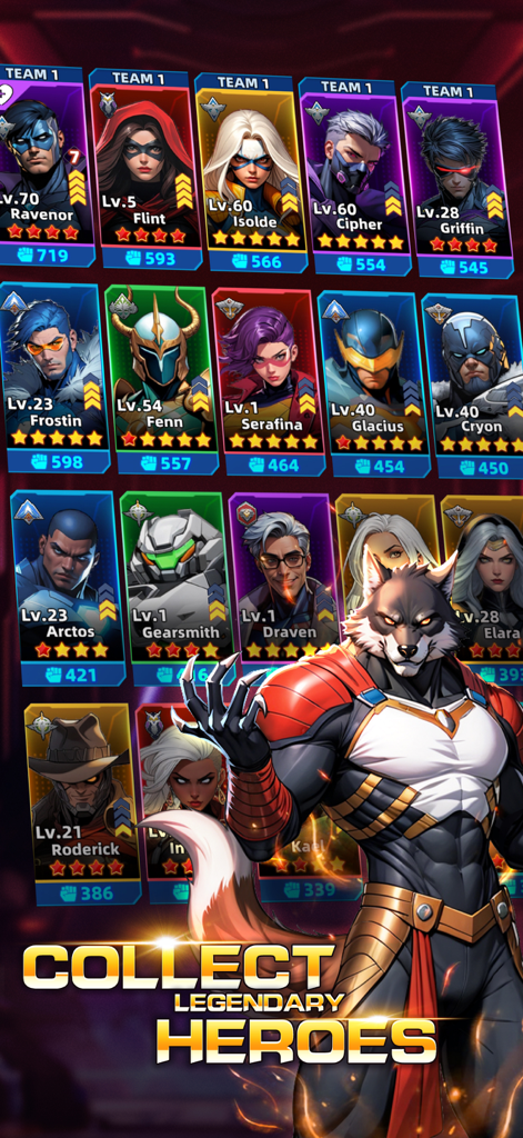 Superhero & Puzzles Match3 RPG - Una cuadrícula de colección de cartas de personajes de superhéroes legendarios que incluye un guerrero lobo en un juego de rol móvil.