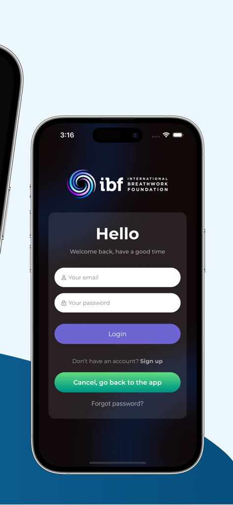 IBF Breathing App - The login page of the IBF Breathing App featuring the International Breathwork Foundation logo and fields for email and password