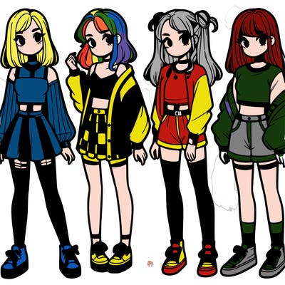 one girl with crop-top shirt and a jacket with a skirt, long socks and another girl with a shirt and pants with a jacket