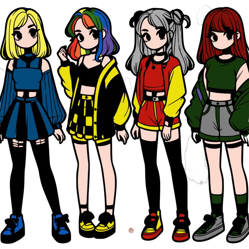 one girl with crop-top shirt and a jacket with a skirt, long socks and another girl with a shirt and pants with a jacket