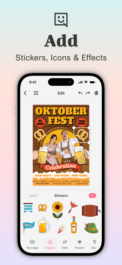 Poster Maker - Flyer Maker Ads - iPhone interface of the Poster Maker app showing a user adding festive stickers to an Oktoberfest flyer design.