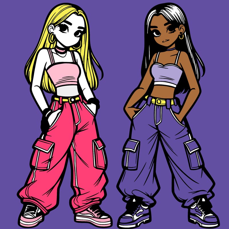 2 teen girls wearing baggy cargo jeans and crop tops