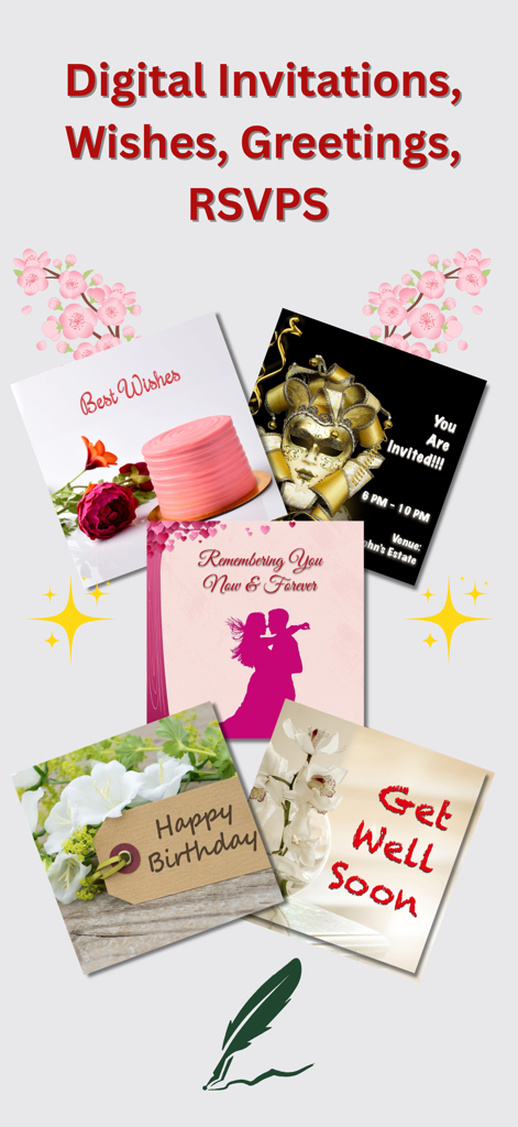 Greeting Card Maker & Invite - A collage of digital greeting cards and invitations for birthday, wedding, best wishes, and get well soon messages.