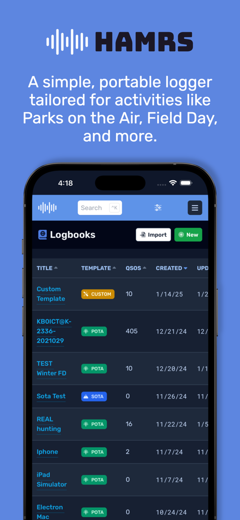 HAMRS Pro - HAMRS Pro app logbooks screen displaying a list of amateur radio logs for POTA and SOTA activities