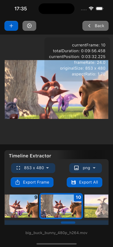 Interfaz de usuario de la aplicación Extractor de Fotogramas de Vídeo mostrando un fotograma de vídeo seleccionado y opciones de exportación.