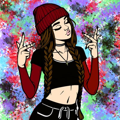 realistic teenage girl with braids and a beanie and crop top doing 🫶🏼