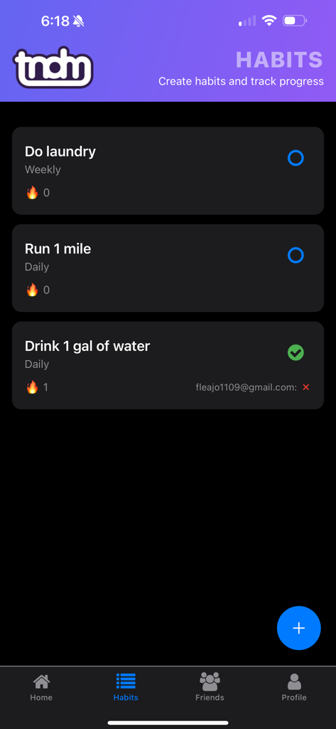 Tandem: Better habits together - Interfaz de la aplicación Tandem que muestra una lista de hábitos rastreados, incluyendo la colada y la ingesta de agua