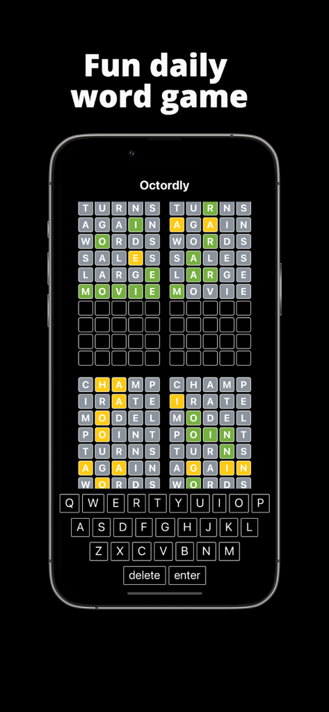Octordly: Daily Word Puzzle - Octordly mobile app interface showing a multi-word daily puzzle game with green and yellow tiles