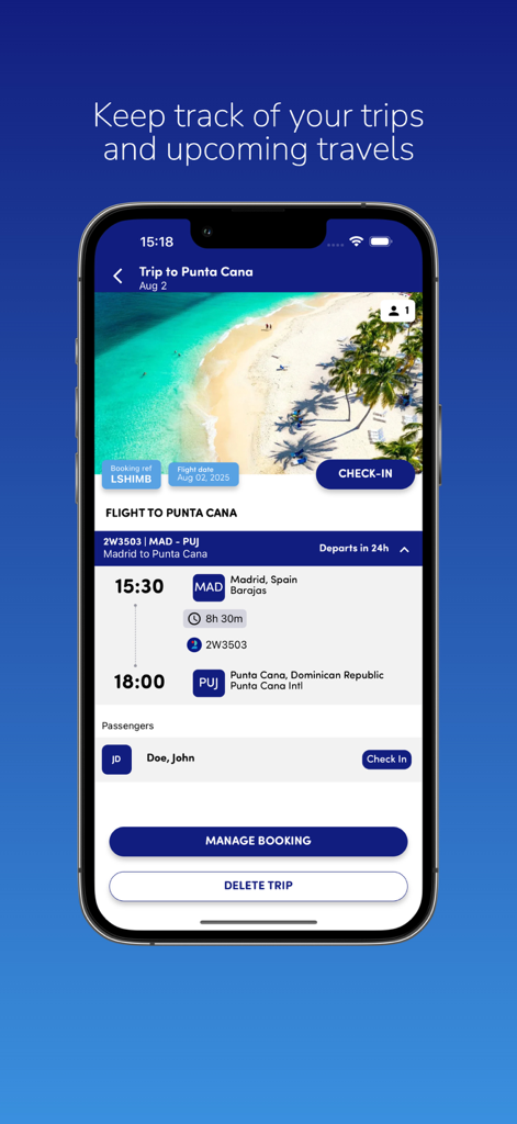 Itinerario de vuelo de la aplicación móvil World2Fly de Madrid a Punta Cana con detalles de la reserva y botón de check-in