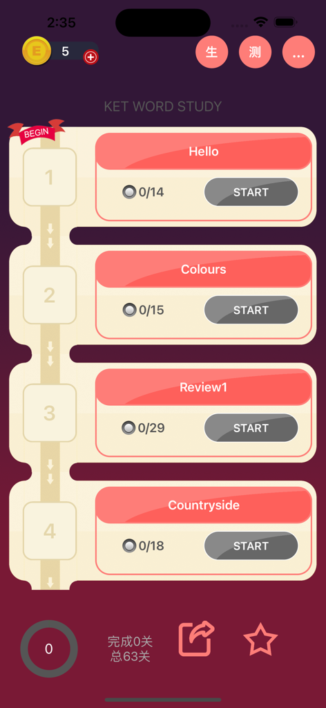 KET PET AAA - KET word study learning path showing vocabulary levels and progress