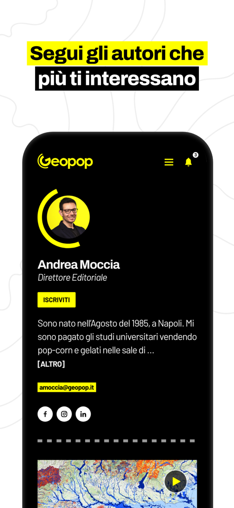 Geopop - Geopop mobile app screen showing an author profile and follow button