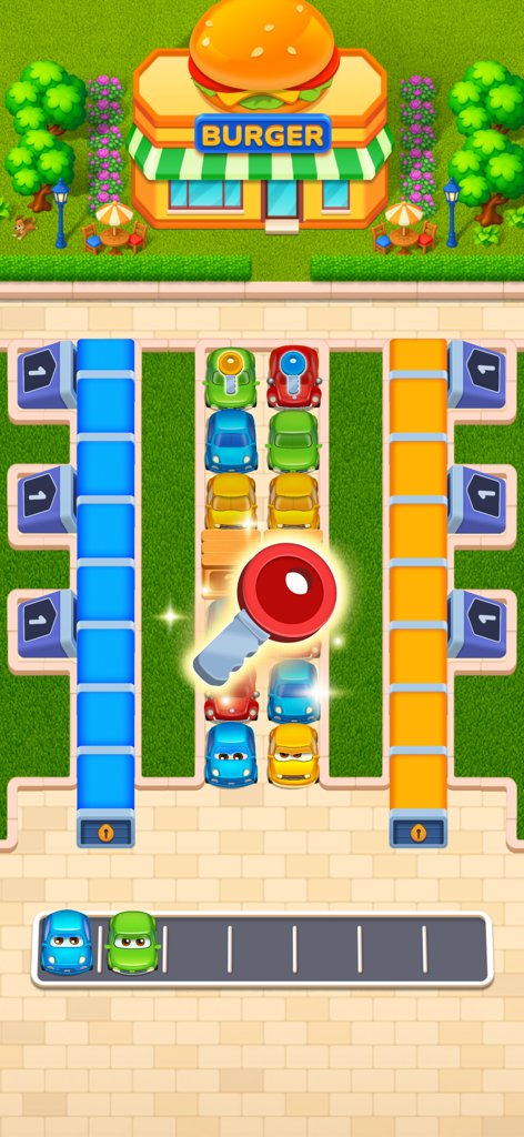 Car Sort · - Un colorido nivel de puzzle de clasificación de coches en Car Sort con un fondo de restaurante de hamburguesas.