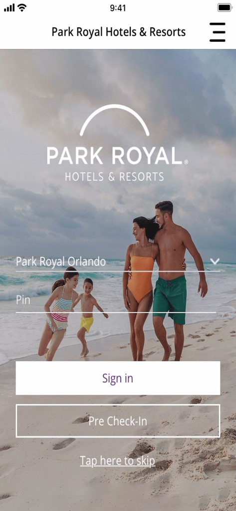 Park Royal Hotels & Resorts - Login and pre check-in screen of the Park Royal Hotels and Resorts mobile app featuring a family on the beach.