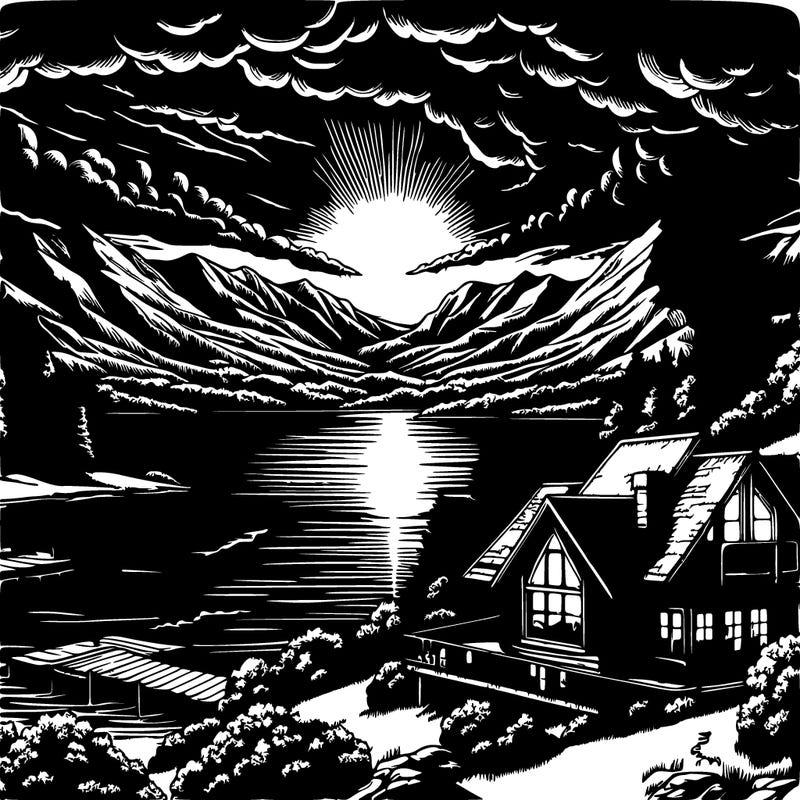 create a captivating artwork featuring a sunset over a scenic landscape. envision towering mountains silhouetted against a vibrant sky illuminated by the setting sun. reflective hues of orange, pink, and purple dance across the clouds, casting a warm glow over the serene waters of a tranquil lake below.

in the foreground, include a solitary house perched near the lakeshore—a rustic cabin or cozy cottage nestled amidst nature. pay attention to realistic details, such as the house's architectural features and surrounding elements like trees, rocks, or a small dock.

opt for a black background to emphasize the vivid colors of the sunset and add a dramatic touch to the composition. use artistic techniques like blending soft gradients for the sky, creating texture with brushstrokes for the mountains, and adding subtle reflections in the water to enhance realism.

focus on the interplay of light and shadow, capturing the peaceful ambiance of dusk. experiment with different art mediums, such as acrylics, oils, or digital tools, to bring your vision to life with depth and dimension.

let your creativity flow as you translate this picturesque scene into a visually captivating artwork that transports viewers to a tranquil moment in nature during the golden hour