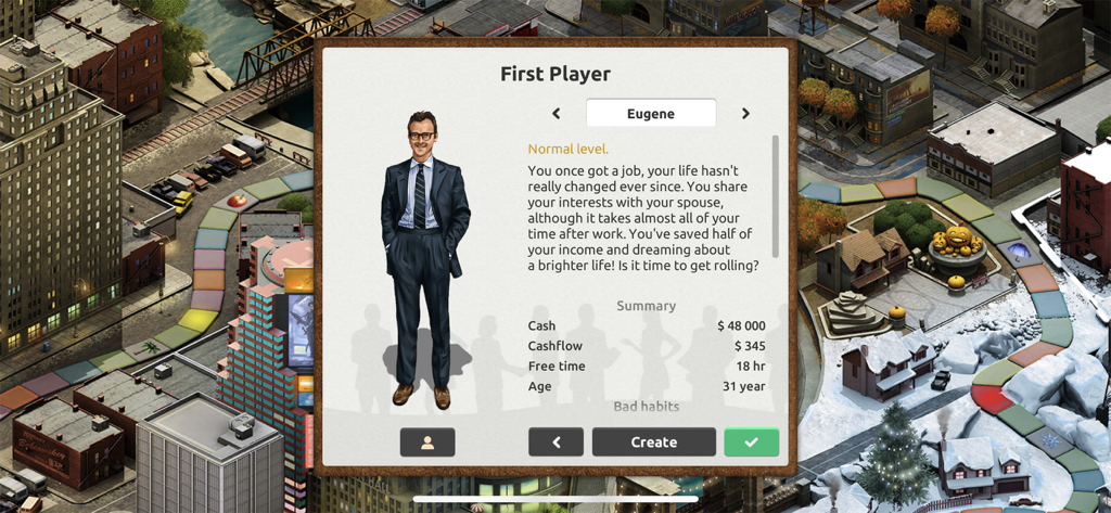 Timeflow: Business Tycoon Game - Menú de selección de personaje para Eugene en el simulador Timeflow Business Tycoon
