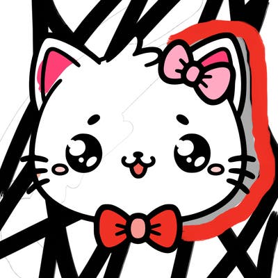 kawaii cat with a bow tie hanging from his ear