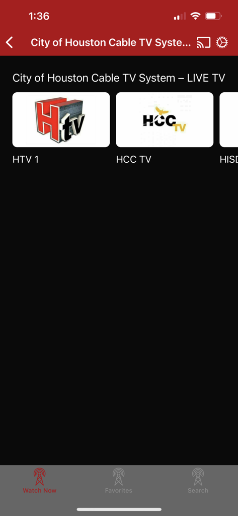 Live TV channel selection screen in the HTV Houston Television app showing HTV 1 and HCC TV options
