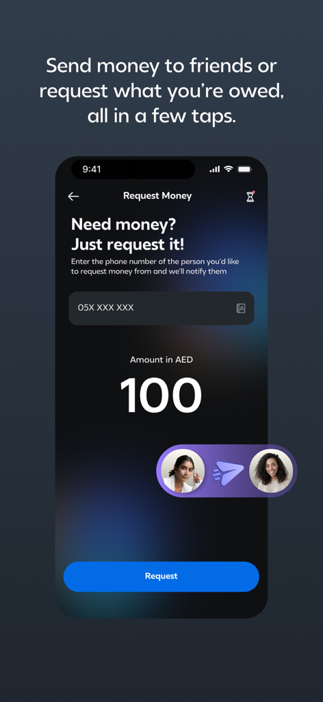 Maly - Your Smart Money App - Maly app interface showing the Request Money screen where users can input a phone number and an amount to request funds from friends.