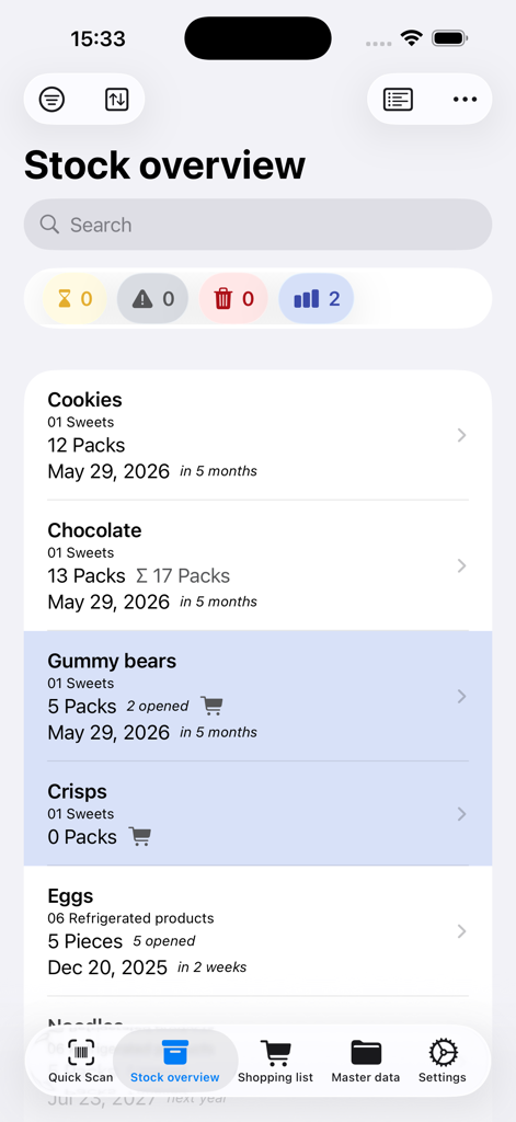Grocy Mobile - Grocy Mobile app stock overview displaying pantry items with quantities and expiration dates