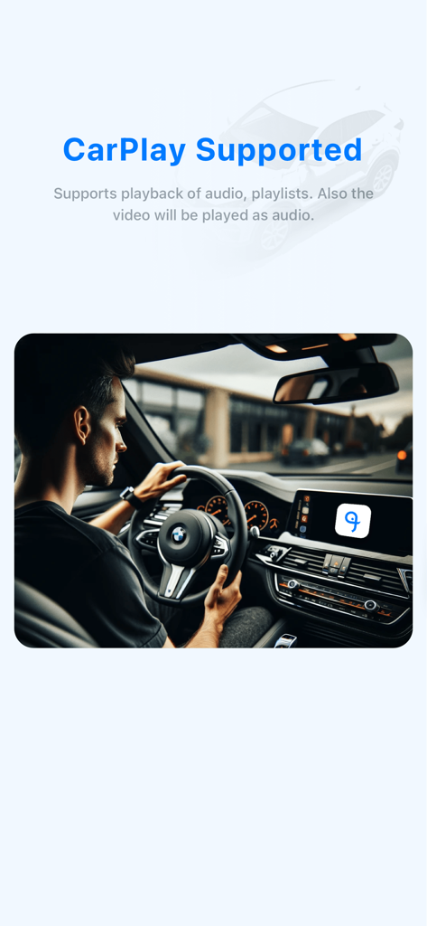 Interface de l'application FEB sur un tableau de bord de voiture montrant la prise en charge de CarPlay pour la lecture audio et les listes de lecture