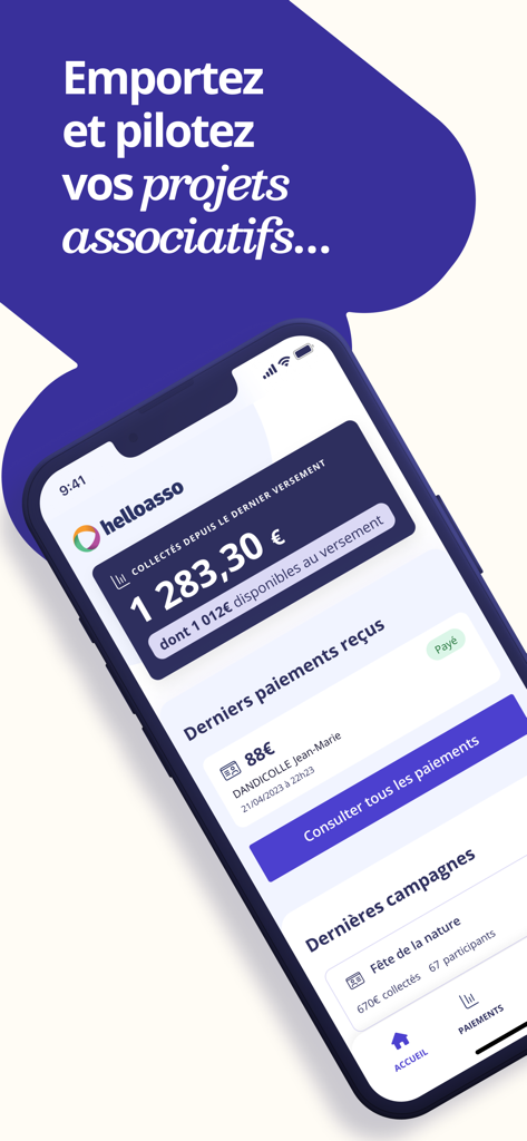 HelloAsso - HelloAsso mobile app dashboard displaying real-time financial tracking and recent community payments