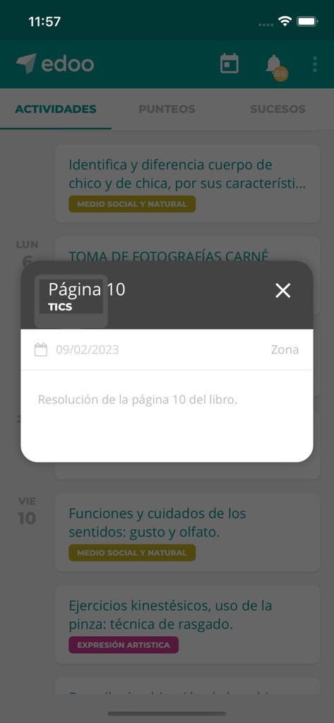 Edoo - Edoo mobile app screen displaying a list of school activities and a popup window with specific assignment instructions in Spanish