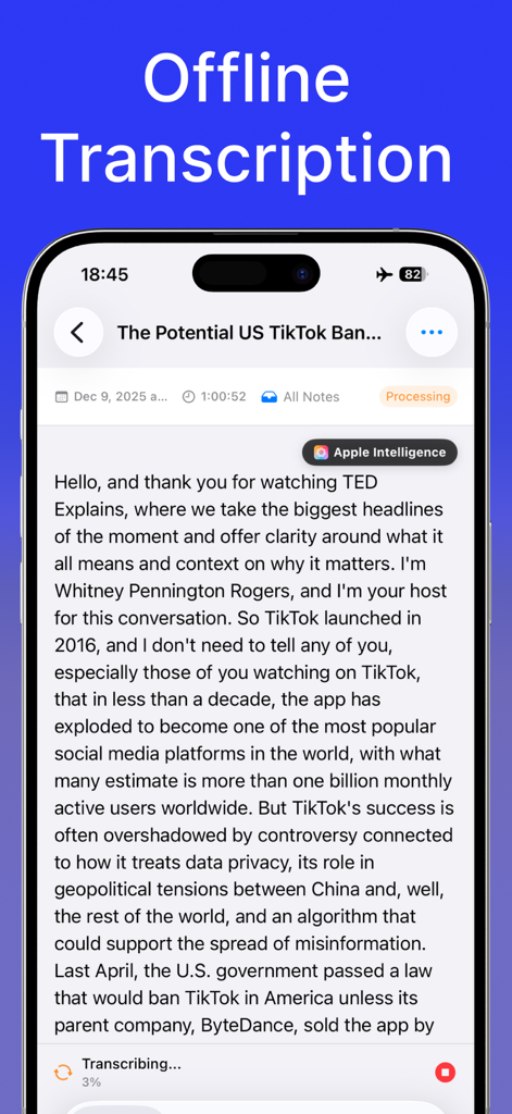 LoroNote - AI Transcribe - iPhone画面。LoroNoteが飛行機モードでオフライン文字起こしを実行している様子。