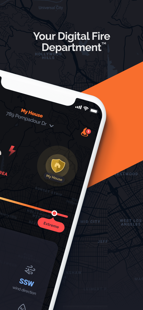 Frontline Wildfire Tracker - Frontline Wildfire Tracker mobile app interface showing a home location on a map with an extreme fire danger warning