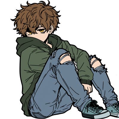 a male hoddie ripped jeans messy hair anime