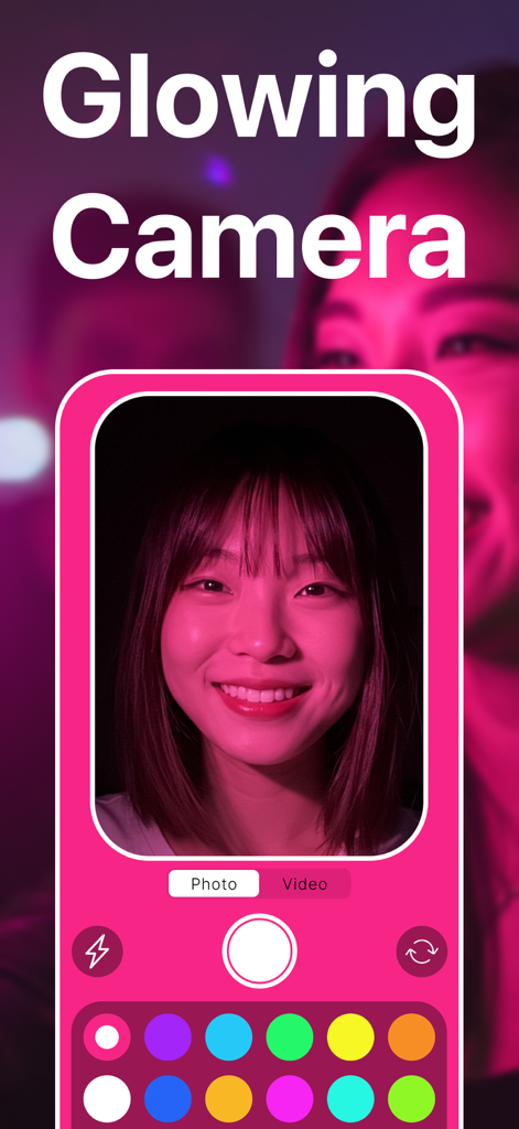 GlowCam Light - SelfieCam - Interface of GlowCam app showing a selfie preview with pink mood lighting and a color selection palette