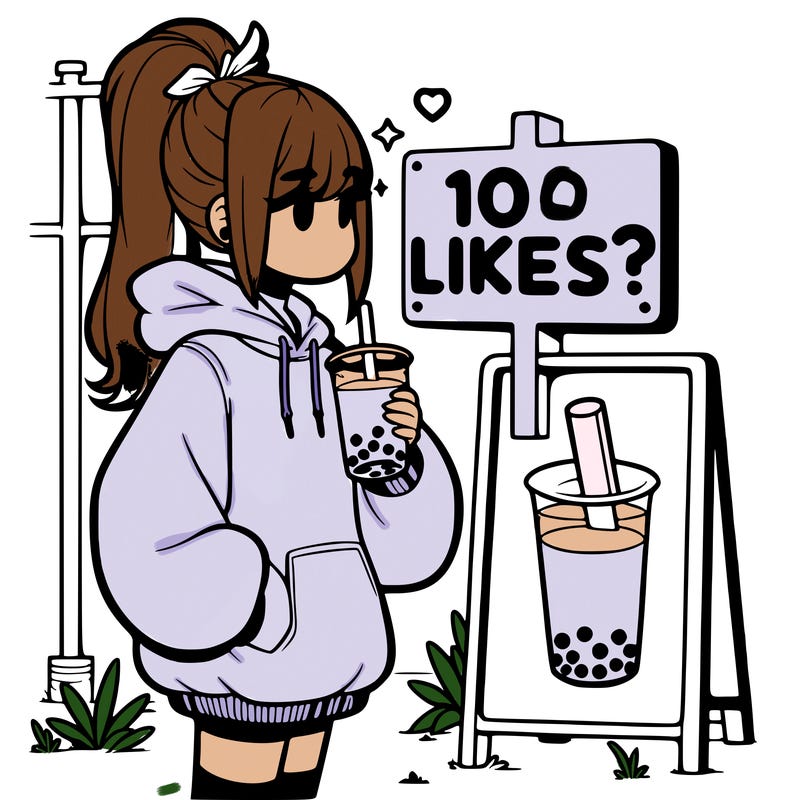 girl with oversized hoodie drinking boba and she has a high ponytail with a sign that says 10likes?