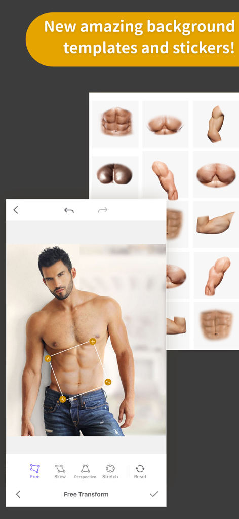 A man's photo being edited with muscle abdominal stickers using the free transform tool in the ProKnockOut app.