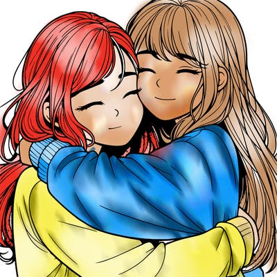 realistic two girls hugging