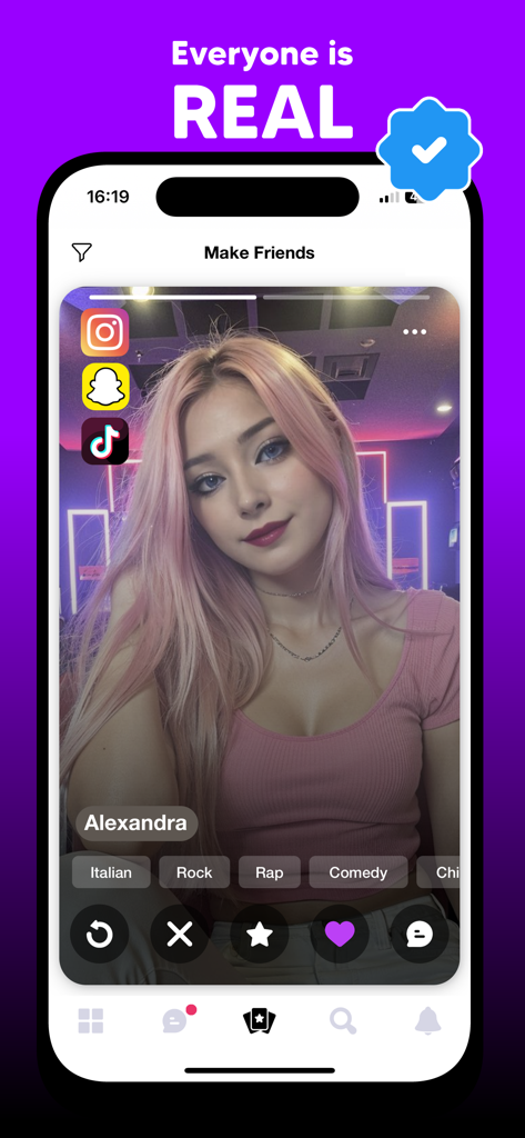 Kizz app interface showing a verified user profile with interest tags for making friends.