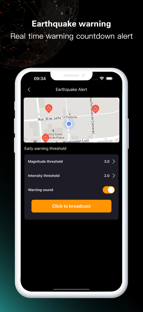 Earthquake Alert - Seismic - Interface of the Earthquake Alert app showing real-time warning countdown and threshold settings for magnitude and intensity.