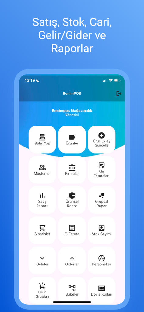 BenimPOS Pro mobile app dashboard showing icons for sales stock customers and reports
