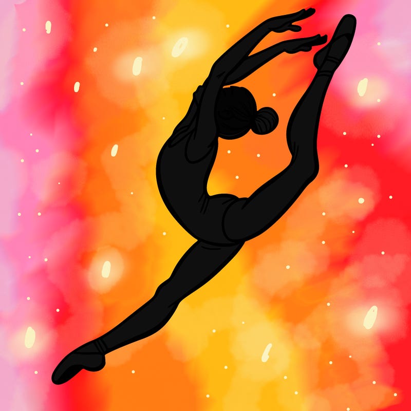 gymnast doing a leap in a leotard with a bent back leg