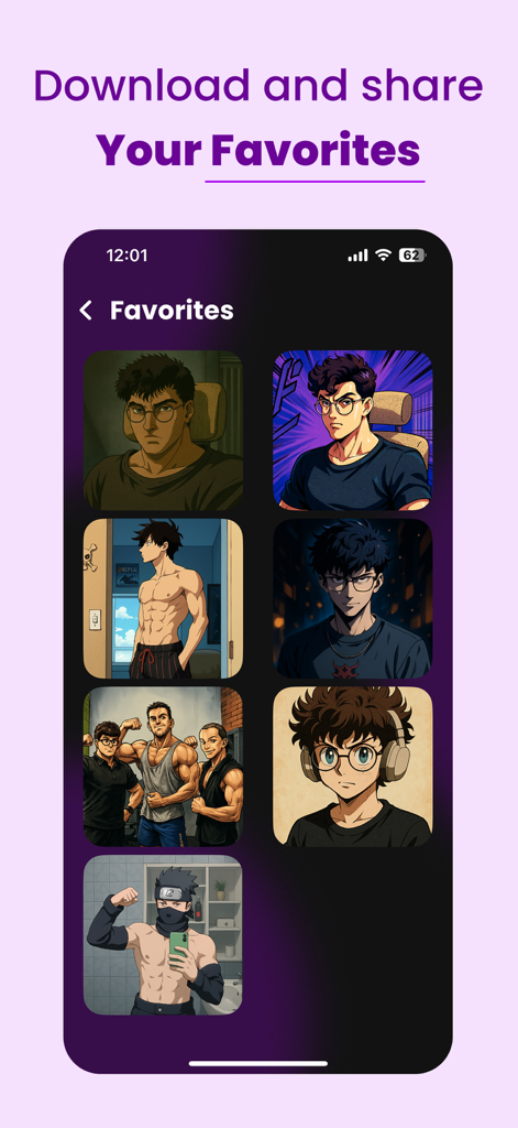 Anime Filter: AniMe - Der Favoriten-Bildschirm der AniMe-App zeigt ein Gitter aus verschiedenen KI-generierten Anime-Porträts von männlichen Charakteren.