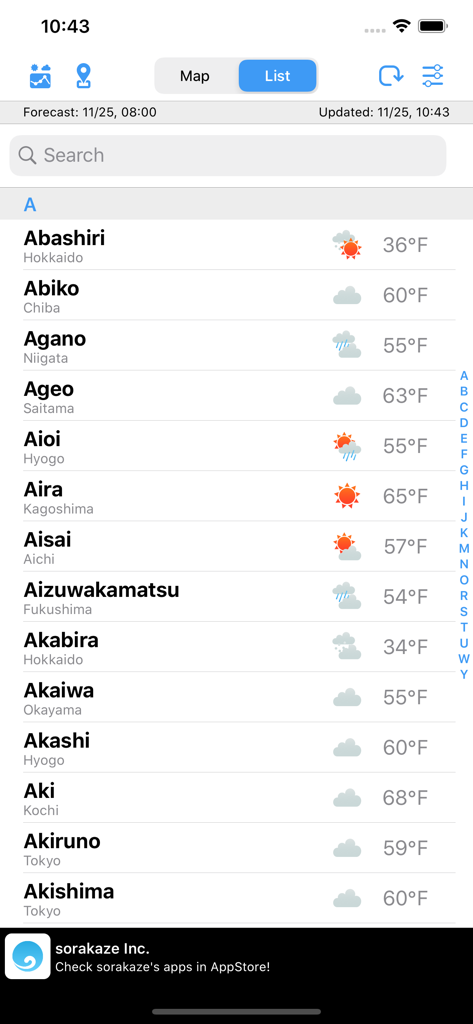 List of weather forecasts for various Japanese cities in Fahrenheit.
