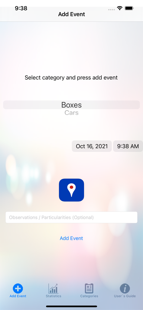 iCounter Daily events counter - Interface of the iCounter app to add a new event with category selection and geolocation tracking.