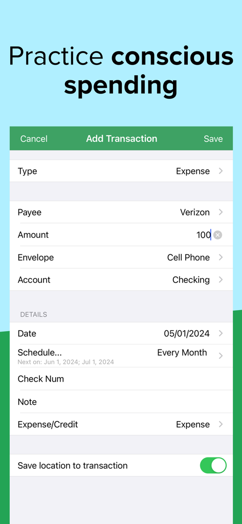 Mobile app screen for adding a new monthly expense transaction to a budget envelope in Goodbudget.