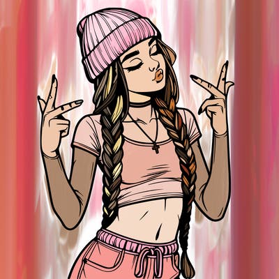 realistic teenage girl with braids and a beanie and crop top doing 🫶🏼