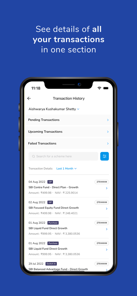 SBIMF InvestEasy - L'application SBIMF InvestEasy affichant l'historique des transactions et les détails des investissements en fonds communs de placement sur un écran mobile.