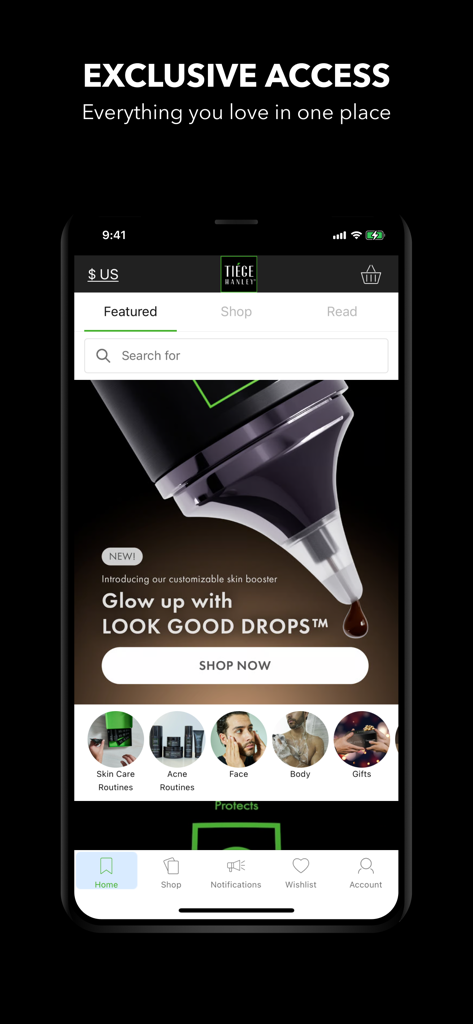 Tiege Hanley - Der Startbildschirm der Tiege Hanley Mobile App mit dem Look Good Drops Haut-Booster und verschiedenen Hautpflege-Routinen für Männer.