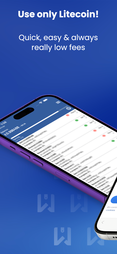Schnittstelle der Litewallet Mobile App auf einem Smartphone, die niedrige Transaktionsgebühren für Litecoin hervorhebt