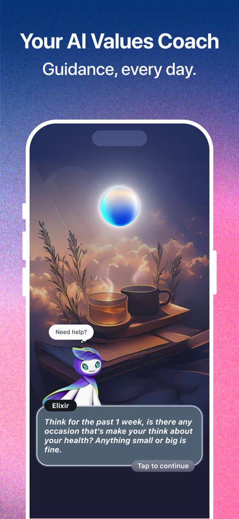 Elixir: Find Balance & Purpose - Elixir app interface showing the AI Values Coach character and a reflection prompt about health
