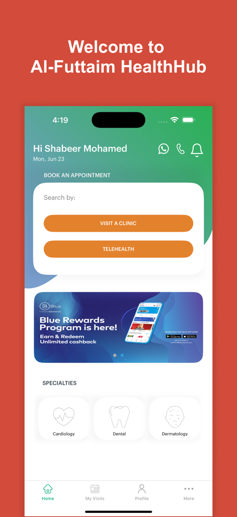 Mobile app dashboard for HealthHub by Al-Futtaim showing options to book clinic visits telehealth and medical specialties