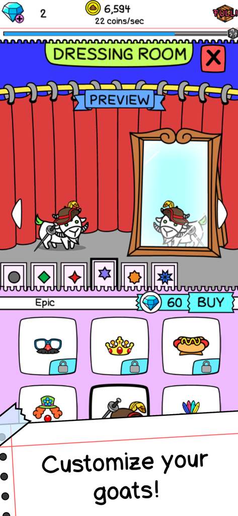 Goat Evolution: Evolve & Merge - Dressing Room menu in Goat Evolution for customizing goats with hats and accessories